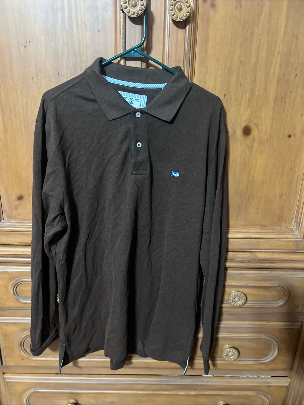 Southern Tide Men's Long-Sleeve Polo in Dark Brown with Blue Logo
